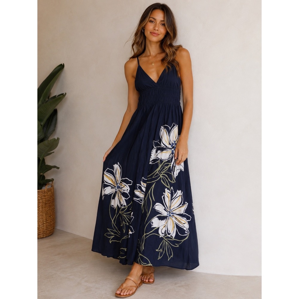 Japna Navy Blue Floral Cotton Maxi Dress Smocked Waist V-Neck M Boho Coastal